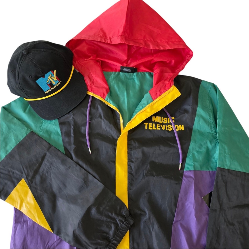 MTV Mens Windbreaker Jacket Multicolor Colorblock Music Television Logo XL